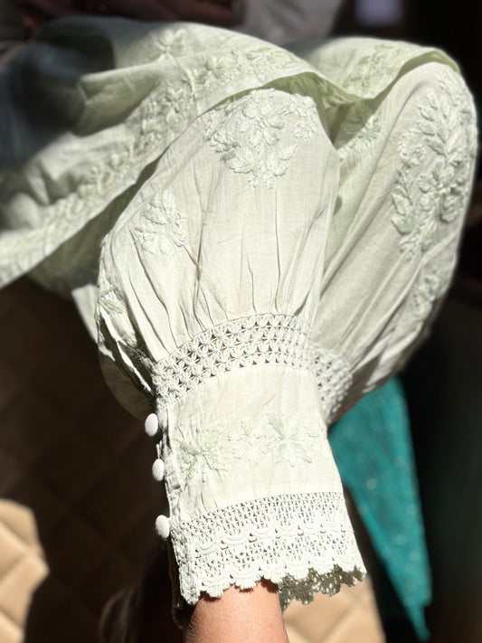Aabdaar Cotton Chikankari Co-ord set - Pista Green