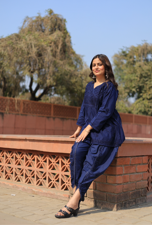 Aabdaar Cotton Chikankari Co-ord set - Navy Blue