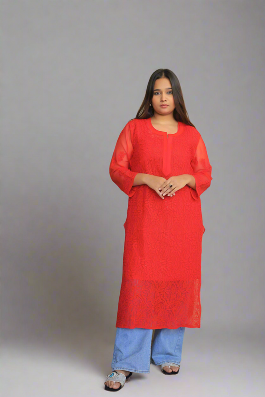 Aabdaar Georgette Chikankari Kurta - Red
