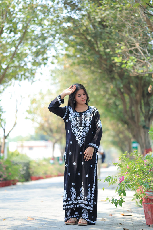Aabdaar Premium Rayon Chikankari Set - Black