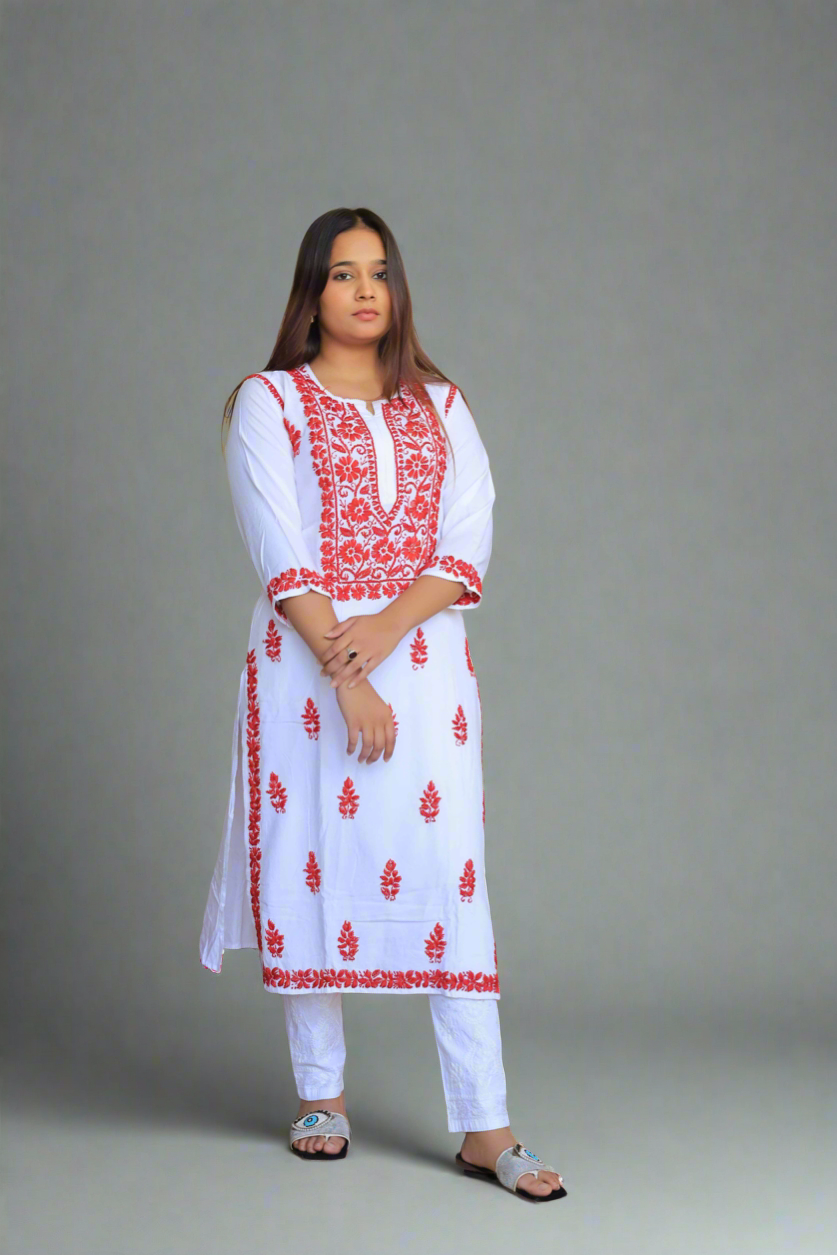 Premium Modal Chikankari Kurti - Red