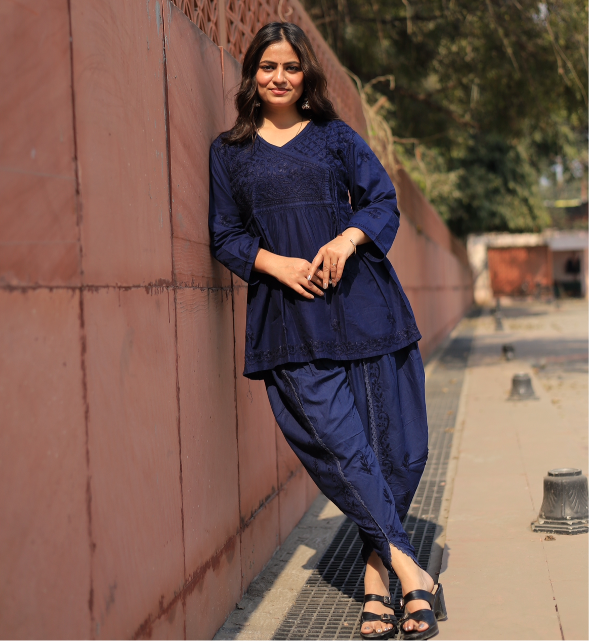 Aabdaar Cotton Chikankari Co-ord set - Navy Blue