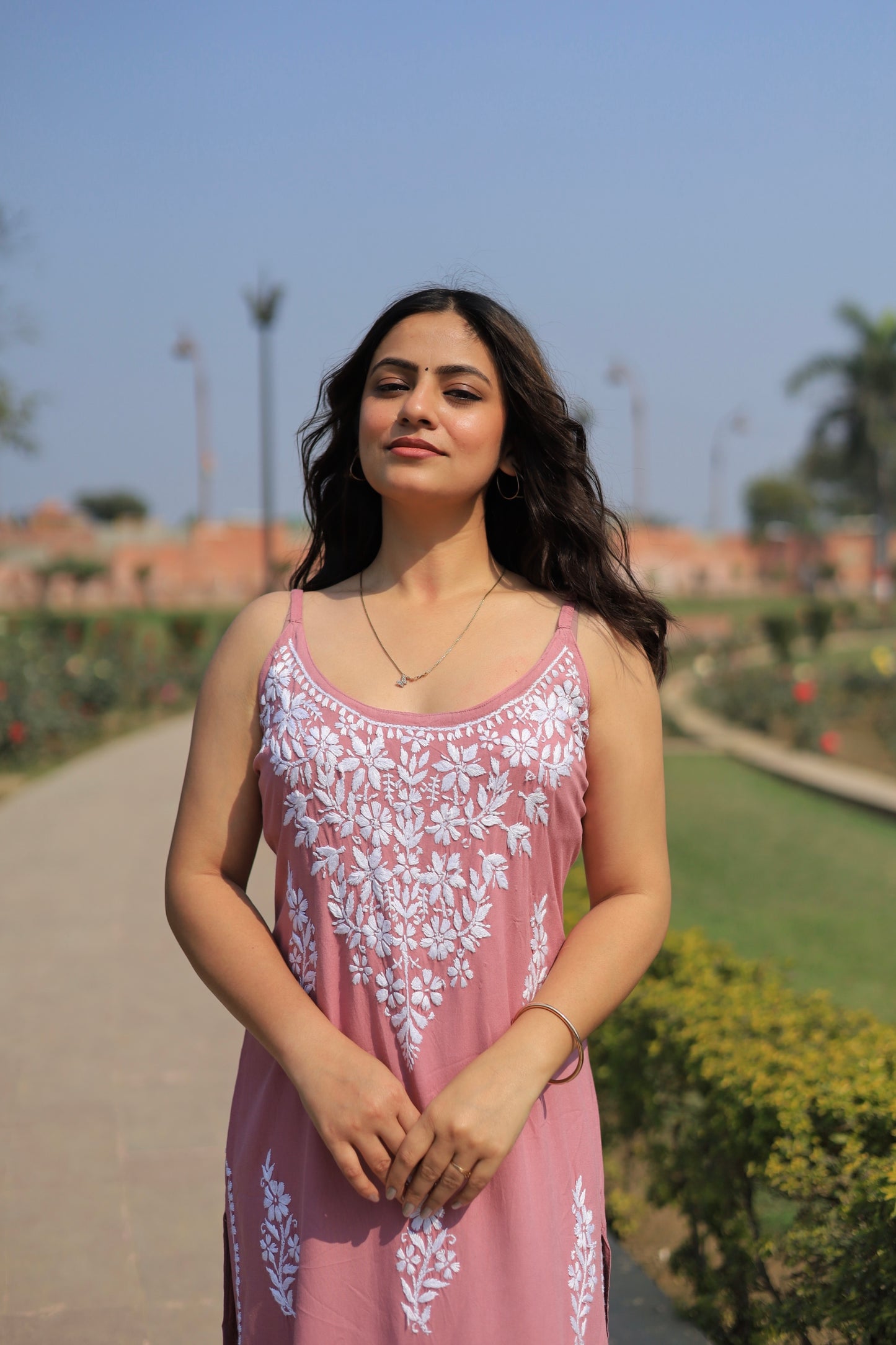 Aabdaar Long Rayon Chikankari Kurta - Pink