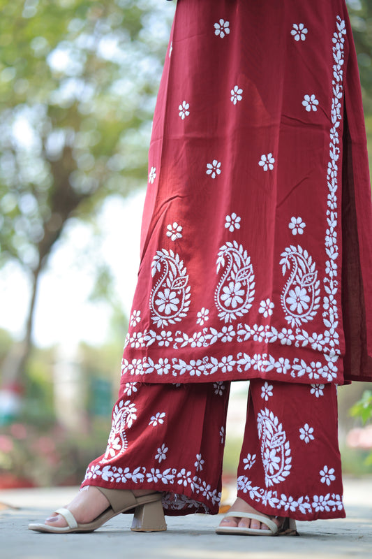 Aabdaar Premium Rayon Chikankari Set - Red