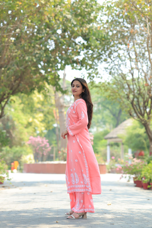 Aabdaar Premium Rayon Chikankari Set - Pink