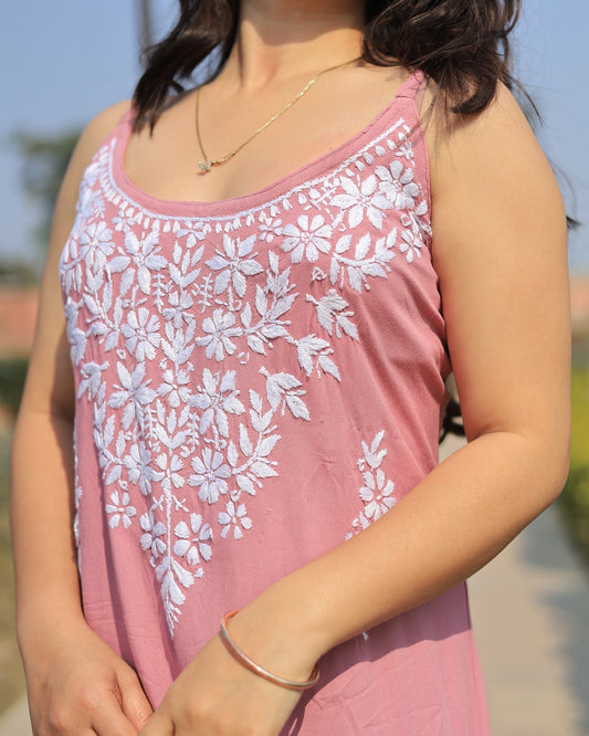 Aabdaar Long Rayon Chikankari Kurta - Pink