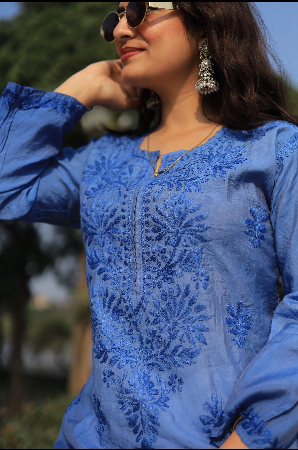 Premium Chanderi Chikankari kurta - Blue