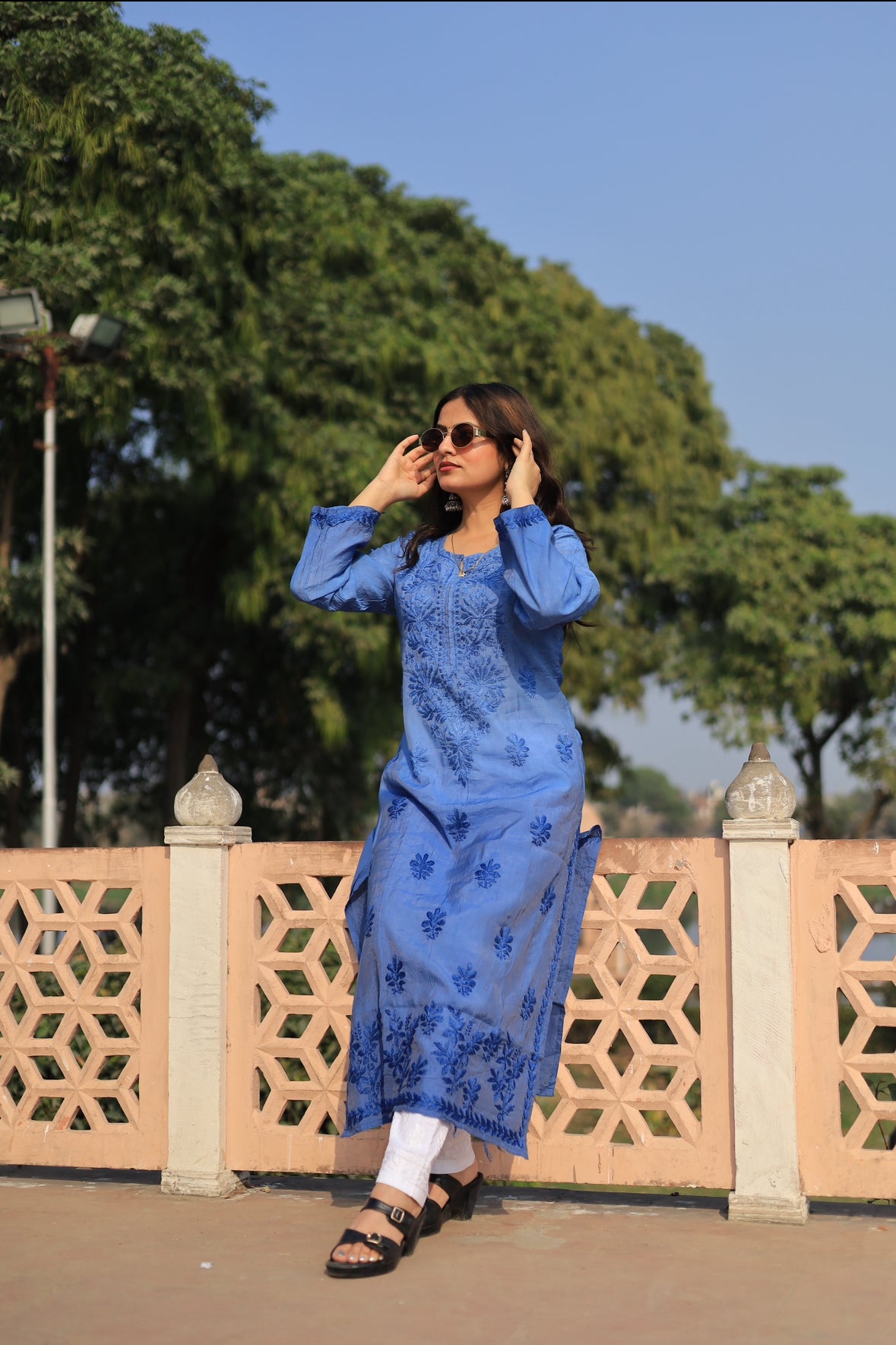 Premium Chanderi Chikankari kurta - Blue