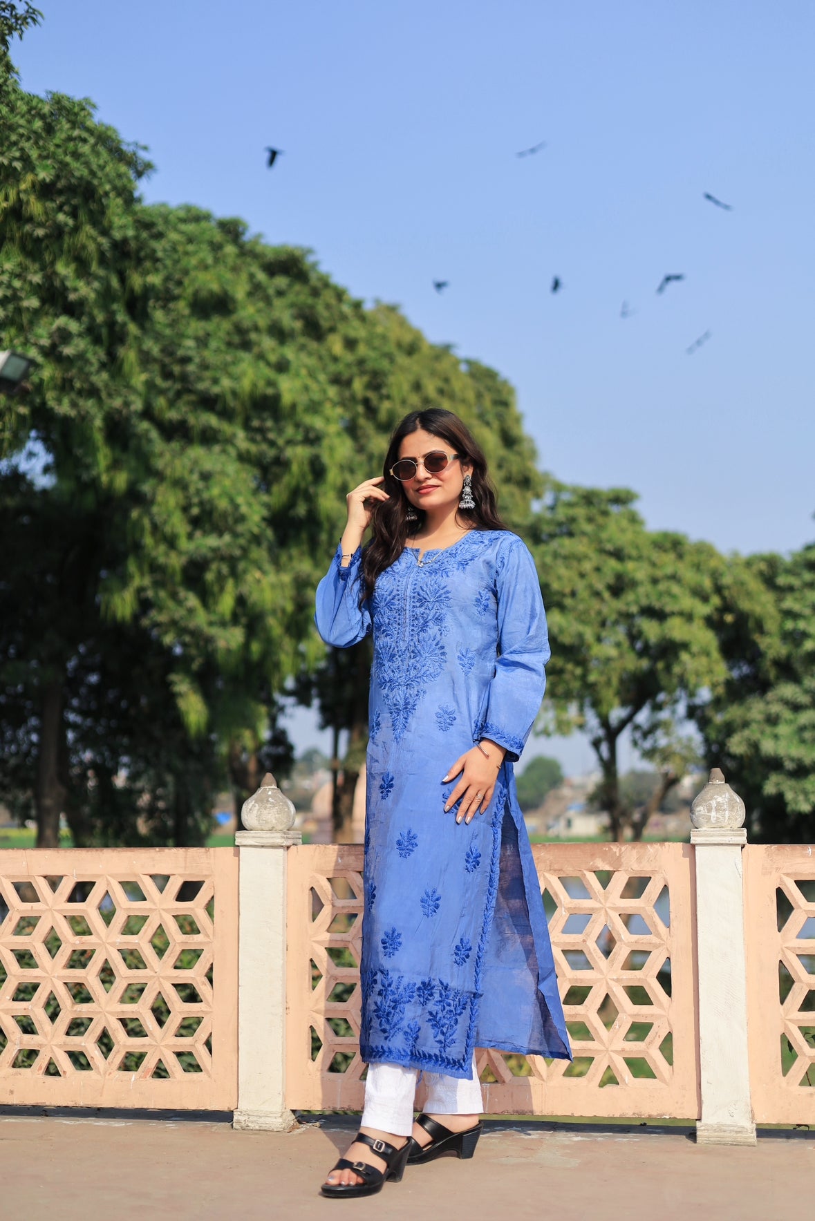 Premium Chanderi Chikankari kurta - Blue
