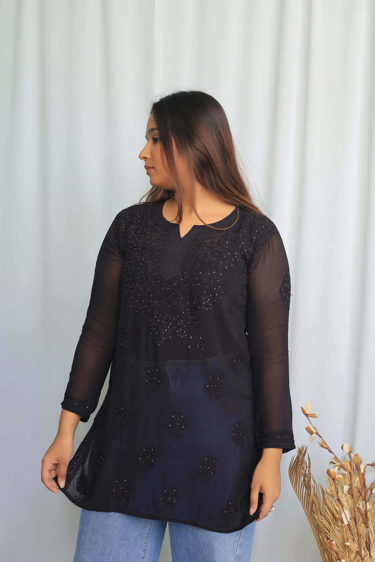 Aabdaar Georgette Premium Short kurta with Mukaish work - Black