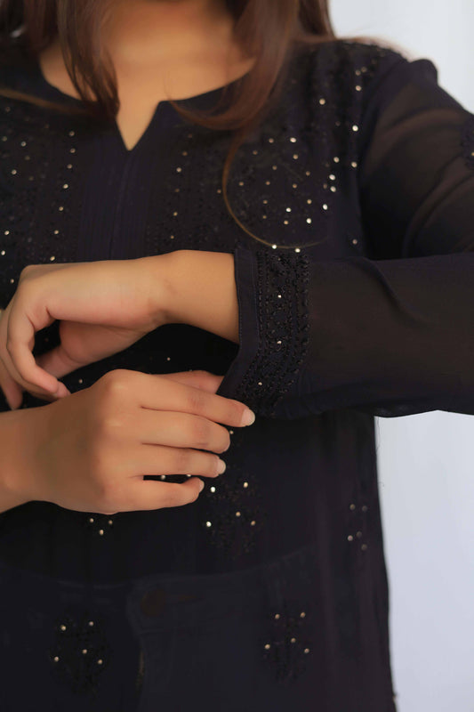 Aabdaar Georgette Premium Short kurta with Mukaish work - Black