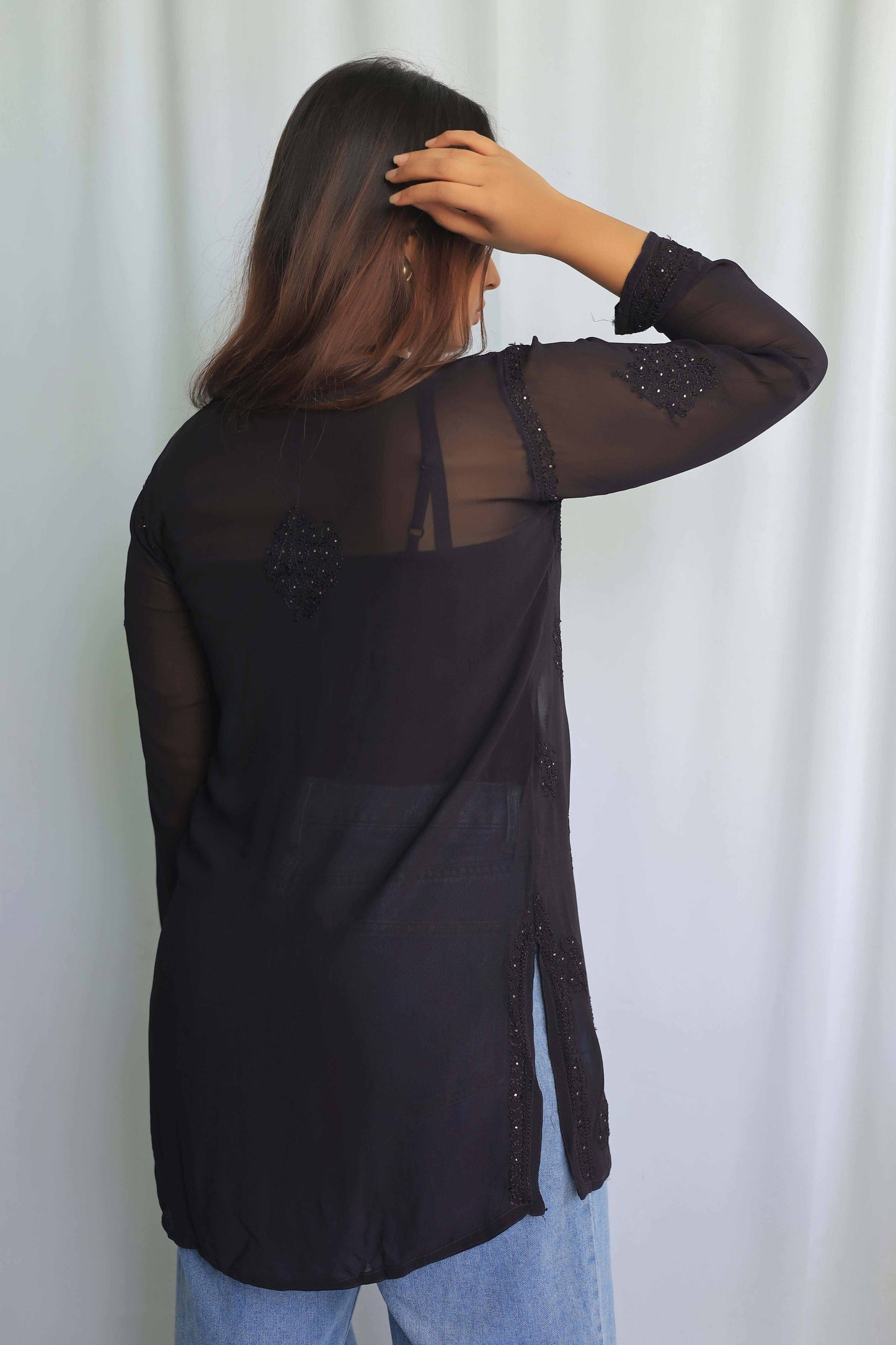 Aabdaar Georgette Premium Short kurta with Mukaish work - Black