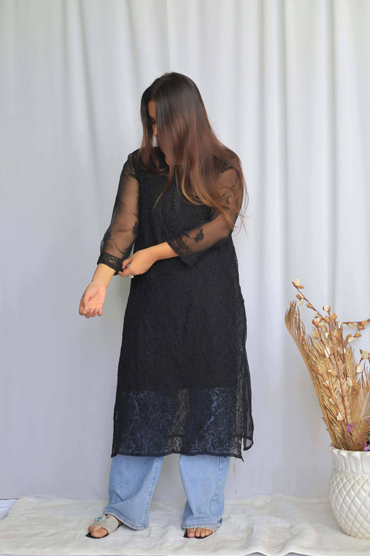Aabdaar Georgette Chikankari Kurta - Black