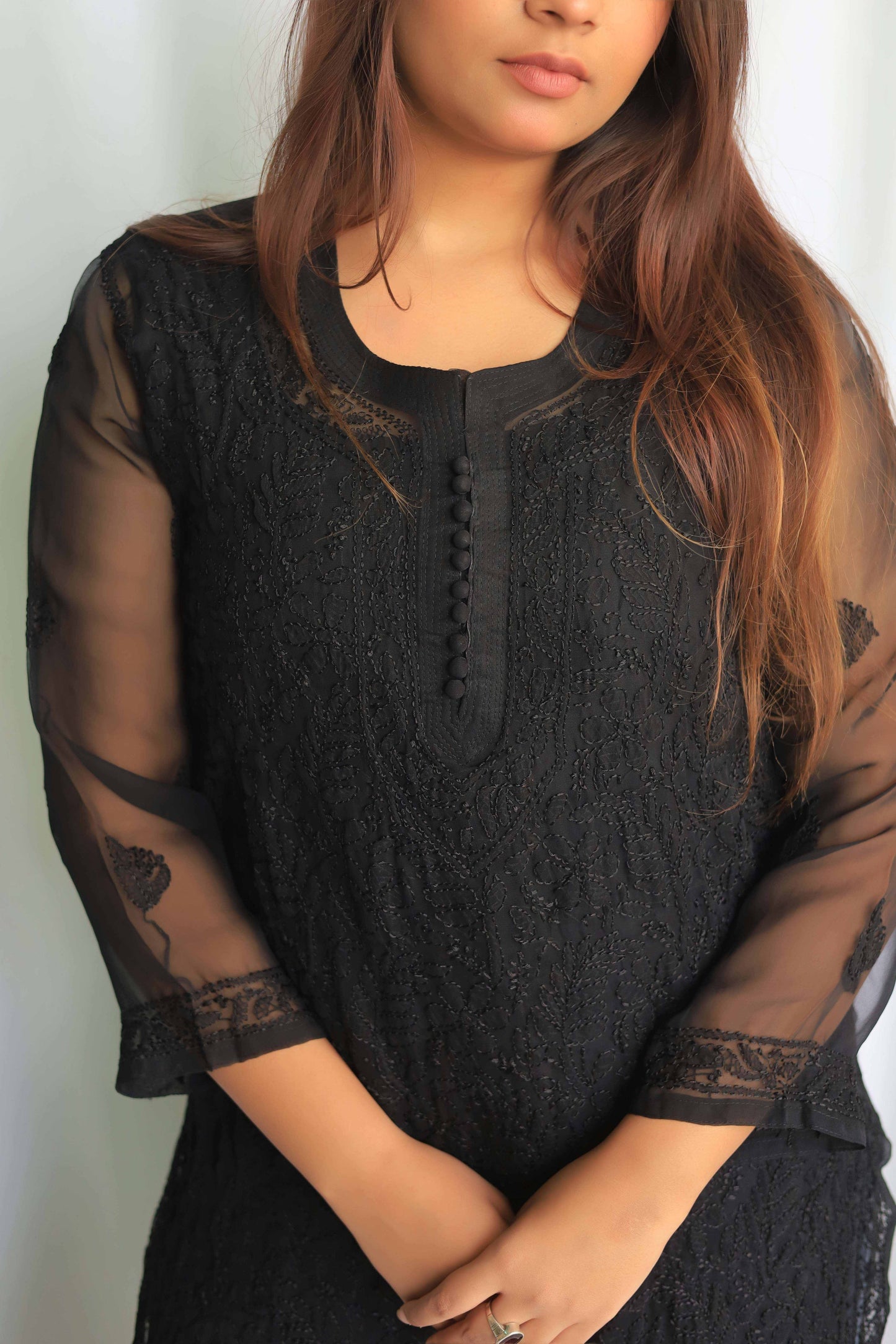 Aabdaar Georgette Chikankari Kurta - Black