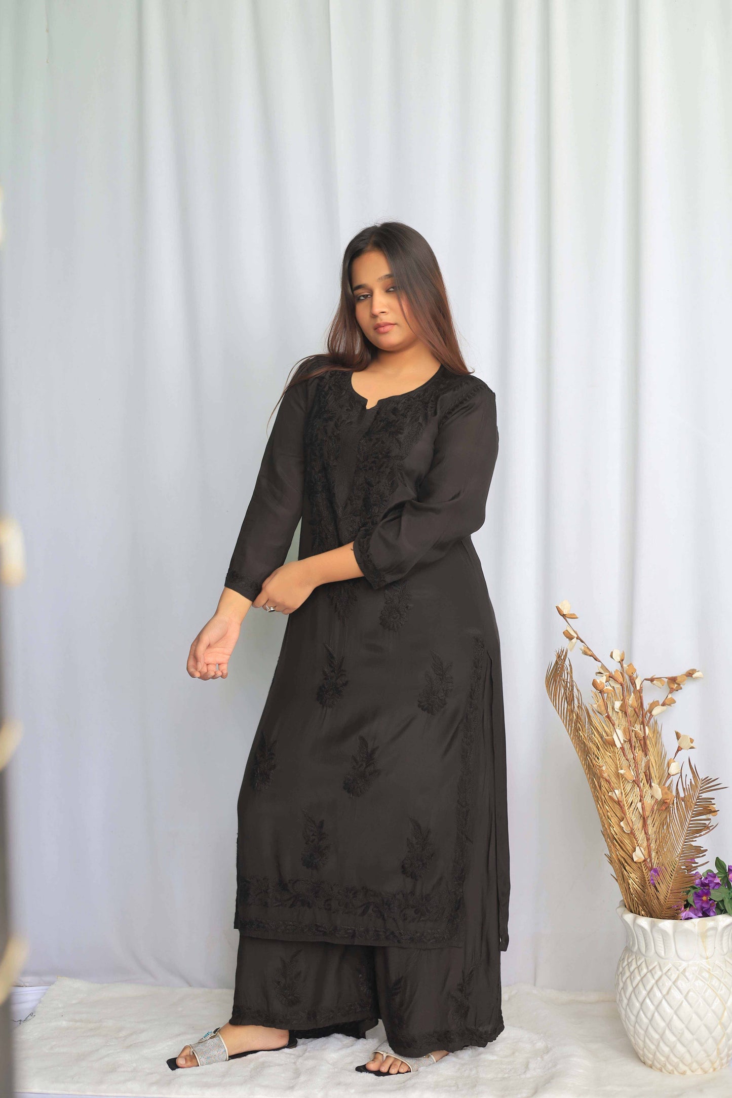 Premium Muslin Chikankari Kurta palazzo set - Black
