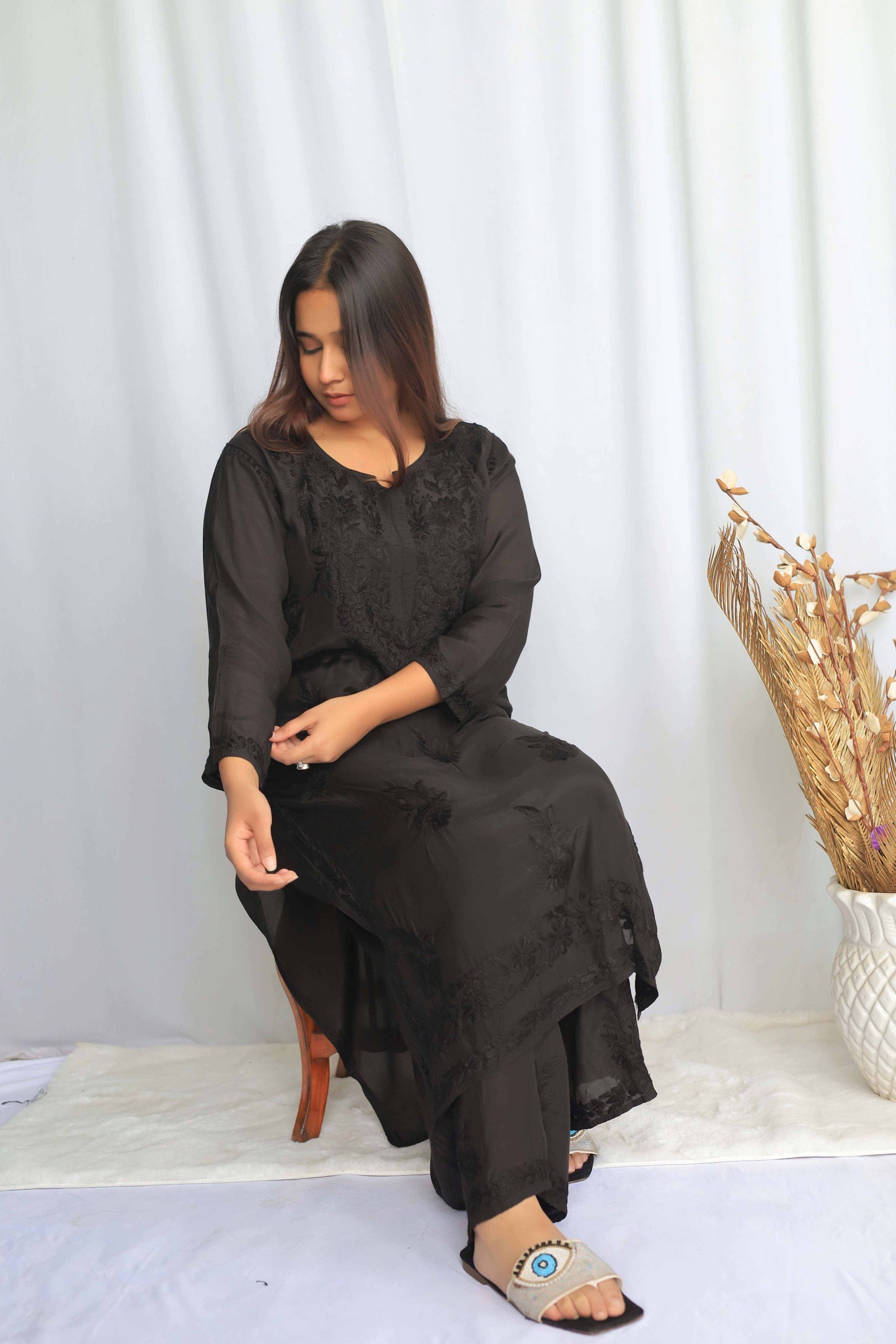 Premium Muslin Chikankari Kurta palazzo set - Black