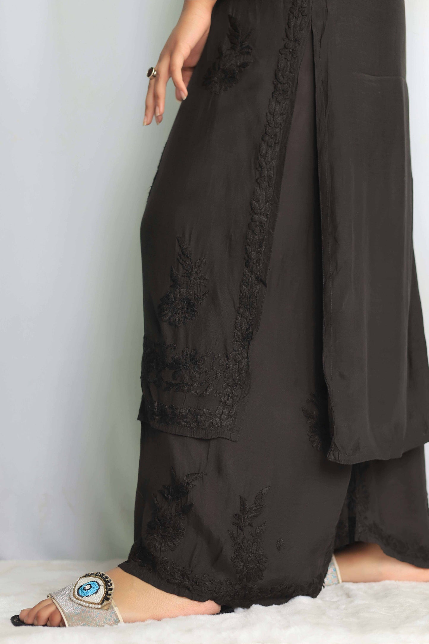 Premium Muslin Chikankari Kurta palazzo set - Black