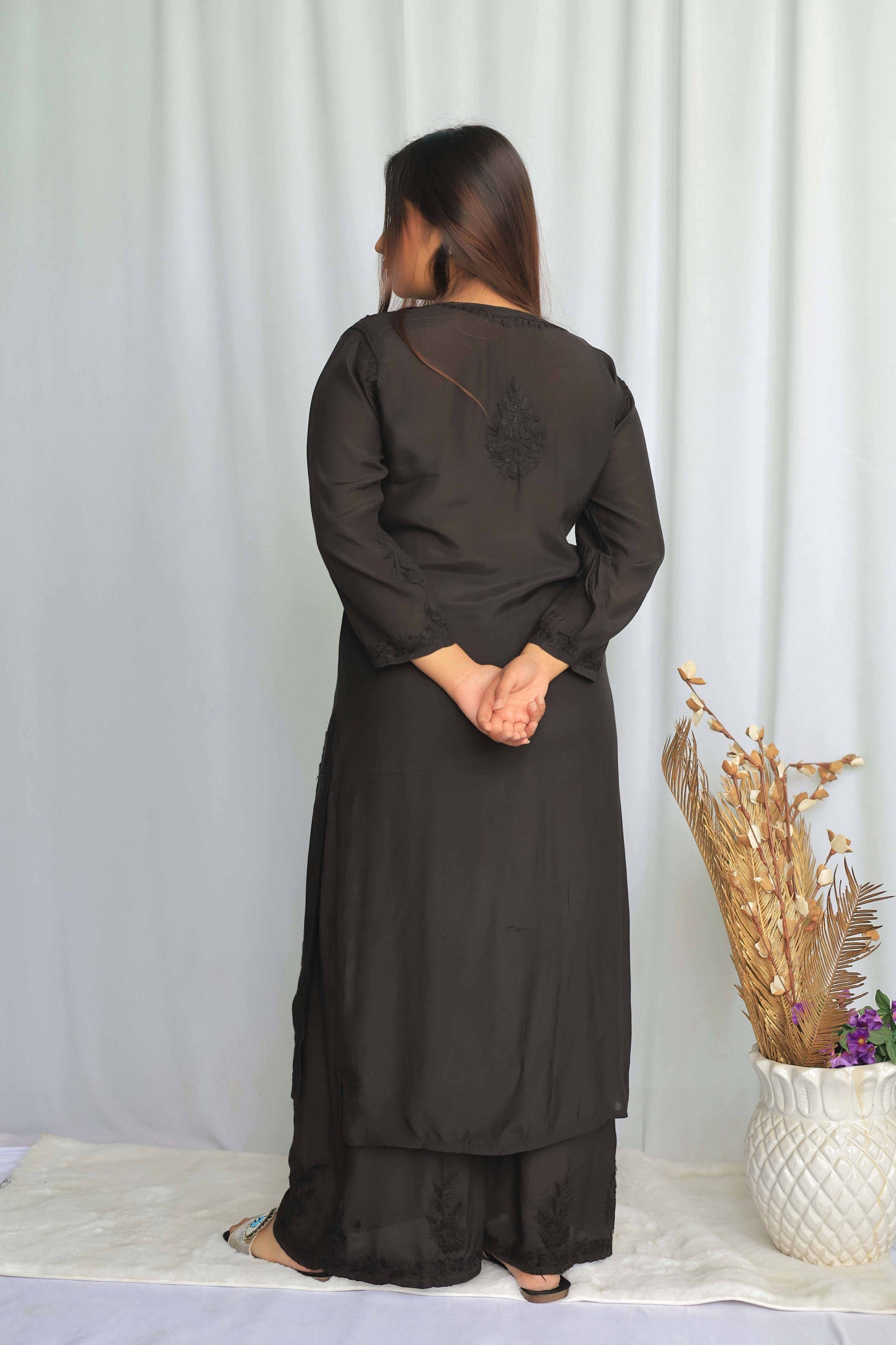 Premium Muslin Chikankari Kurta palazzo set - Black