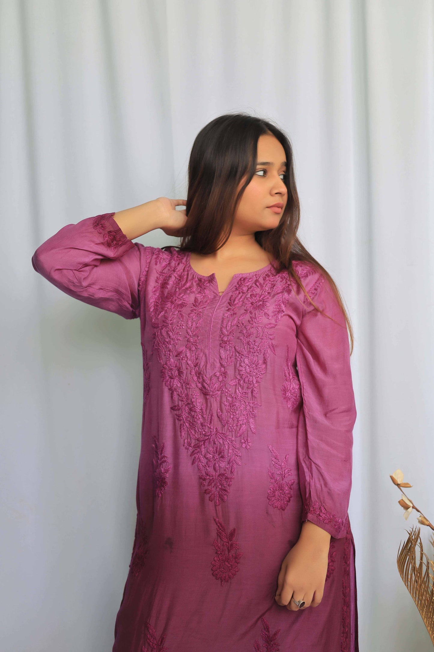 Premium Muslin Chikankari Kurta palazzo set - Wine (Dual tone)