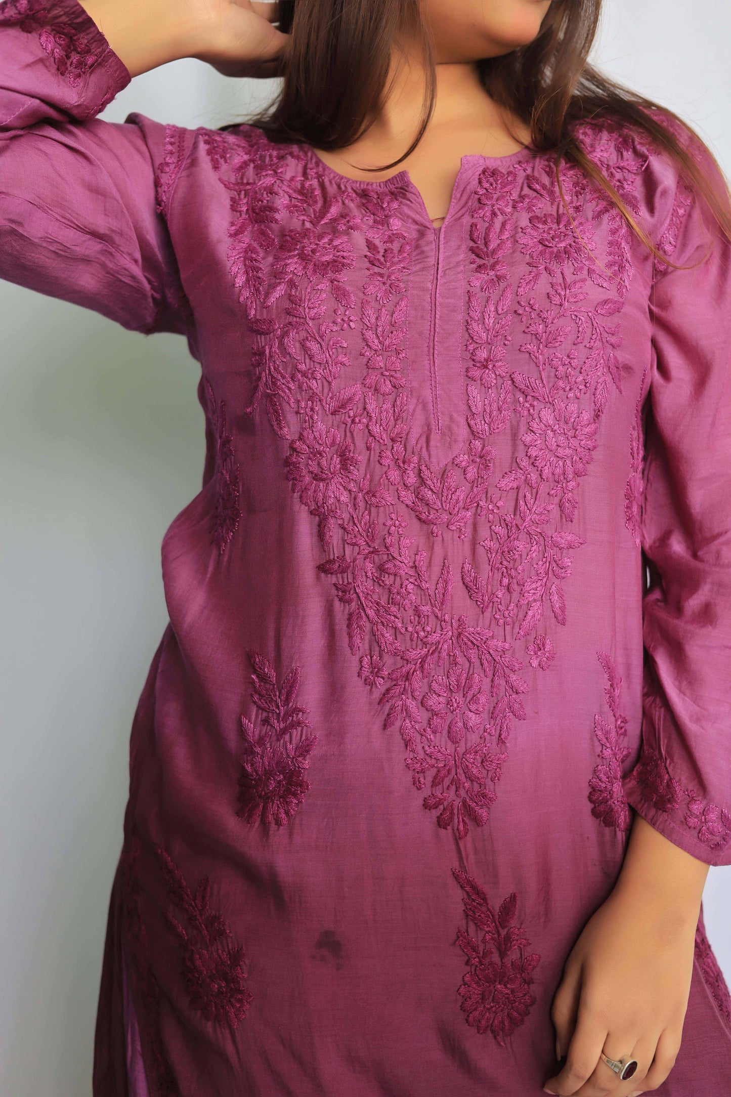 Premium Muslin Chikankari Kurta palazzo set - Wine (Dual tone)