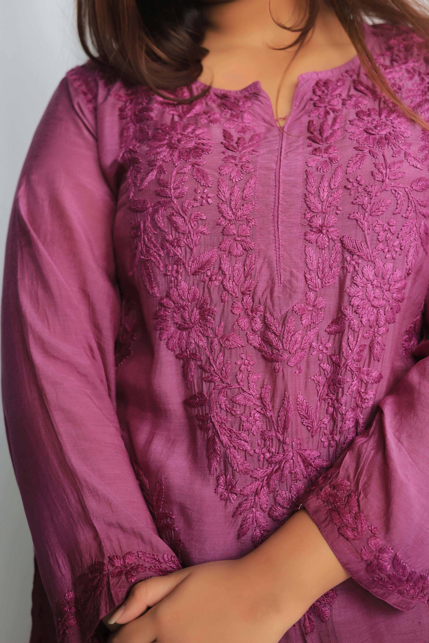 Premium Muslin Chikankari Kurta palazzo set - Wine (Dual tone)