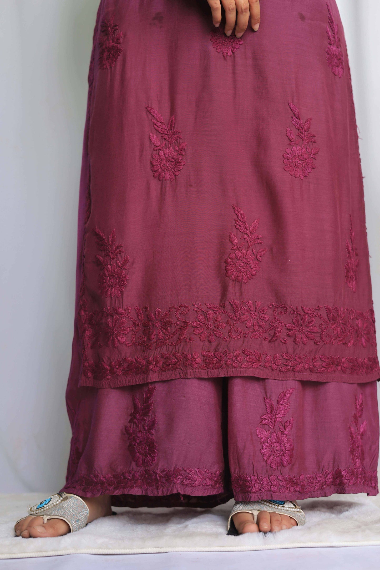 Premium Muslin Chikankari Kurta palazzo set - Wine (Dual tone)