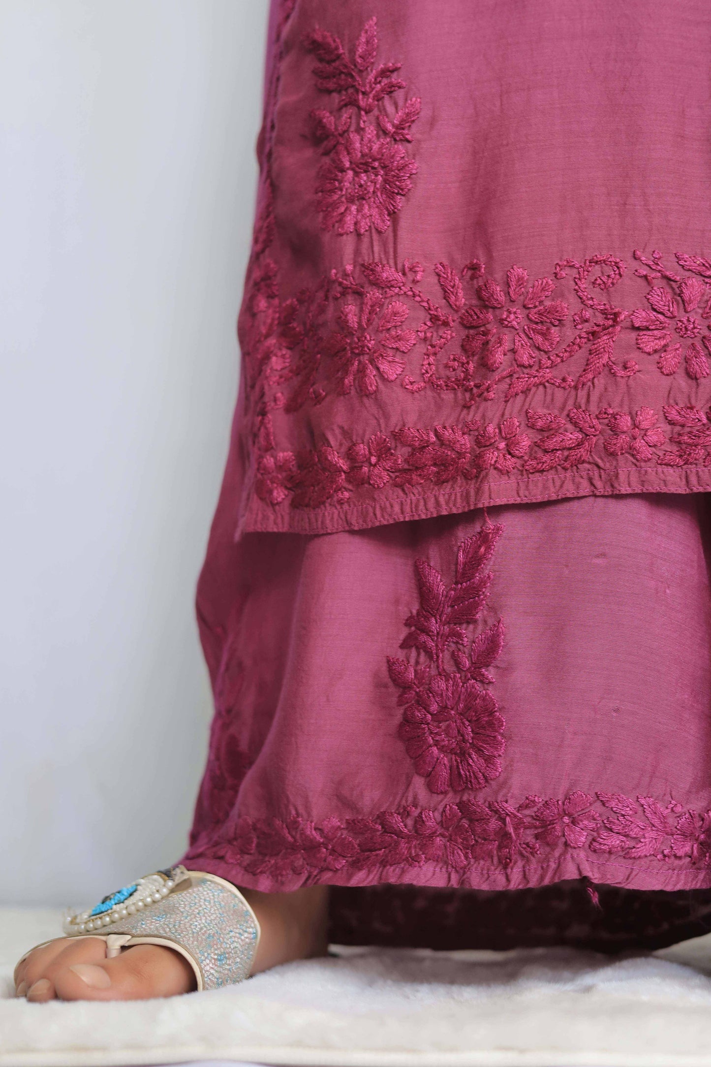 Premium Muslin Chikankari Kurta palazzo set - Wine (Dual tone)