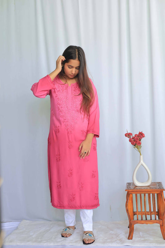 Aabdaar Rayon Chikankari Kurta - Cherry Pink (Dual tone)