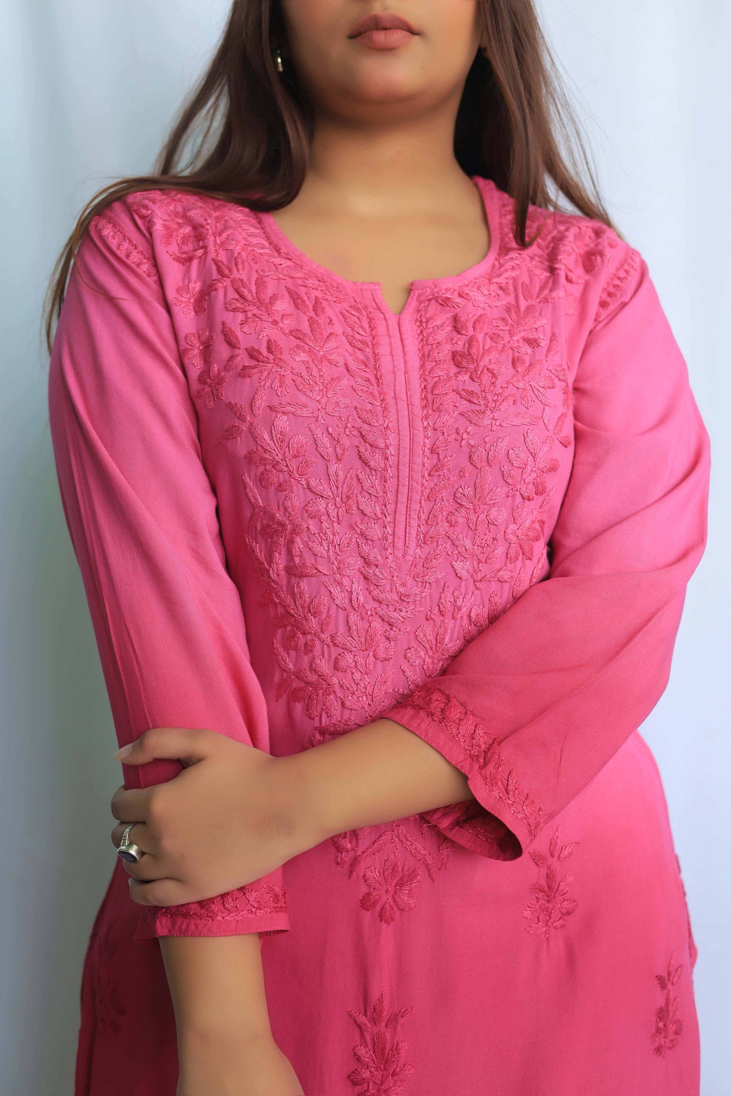 Aabdaar Rayon Chikankari Kurta - Cherry Pink (Dual tone)