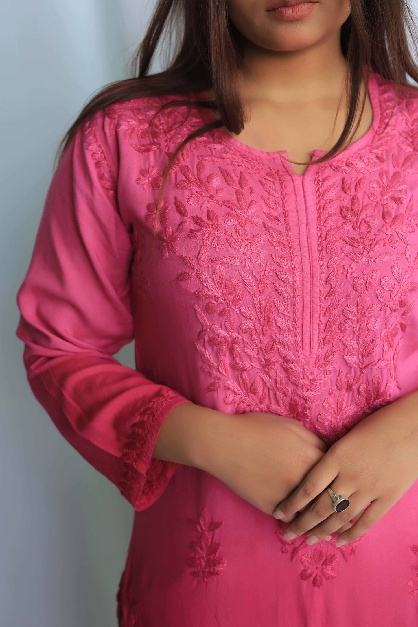 Aabdaar Rayon Chikankari Kurta - Cherry Pink (Dual tone)