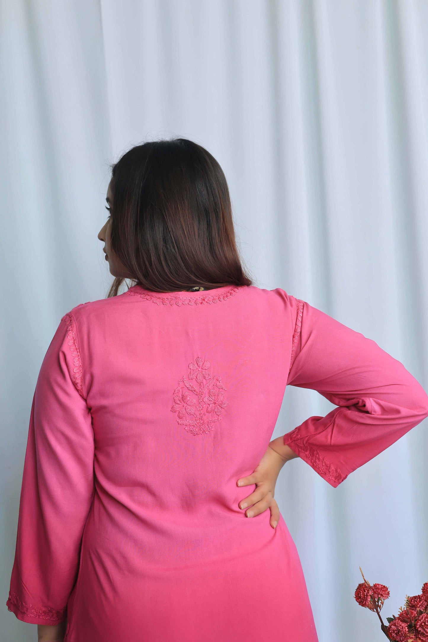 Aabdaar Rayon Chikankari Kurta - Cherry Pink (Dual tone)