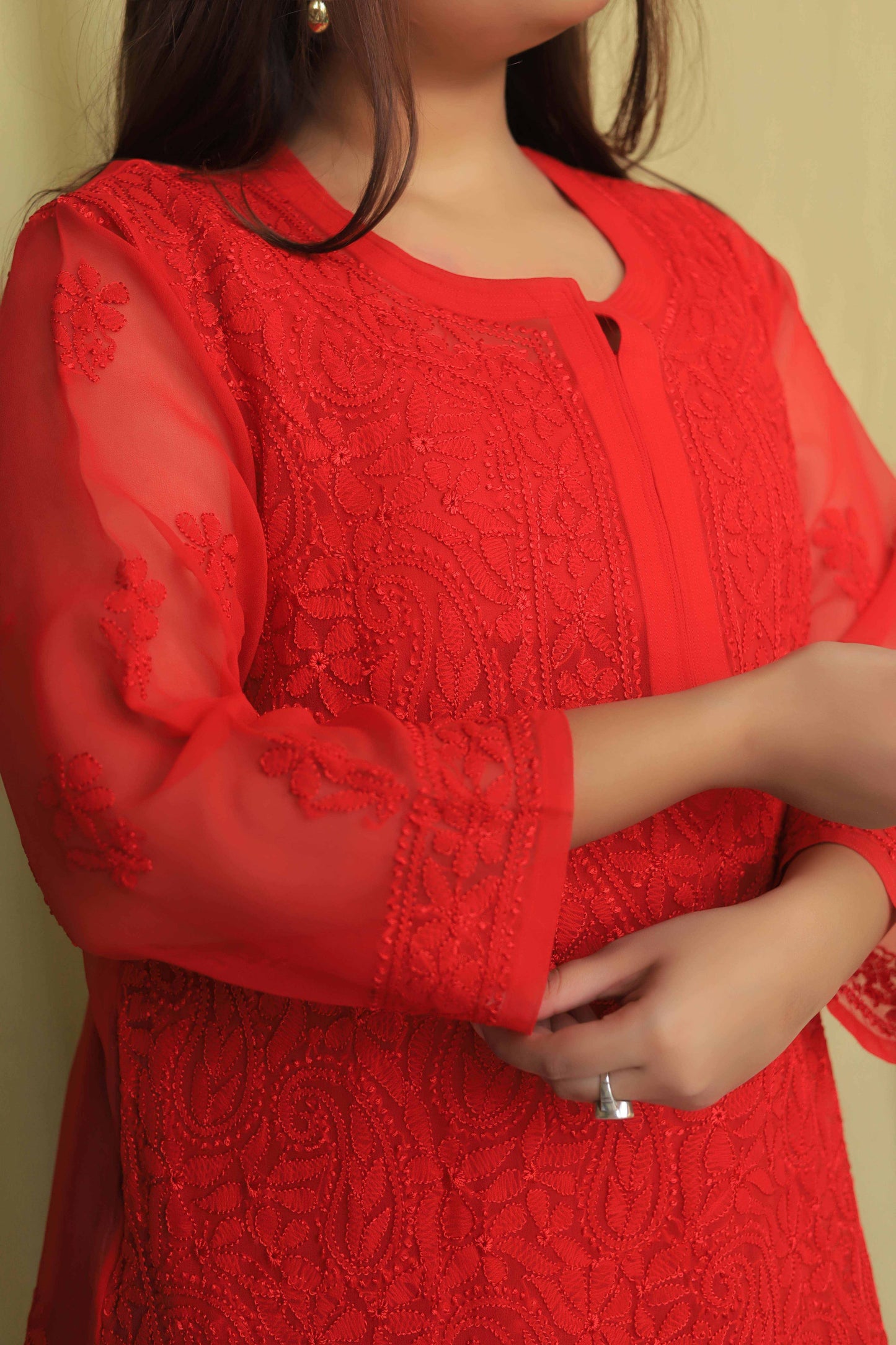Aabdaar Georgette Chikankari Kurta - Red