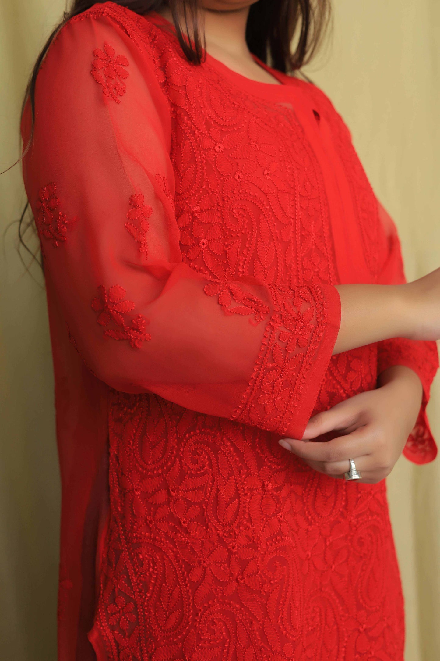 Aabdaar Georgette Chikankari Kurta - Red