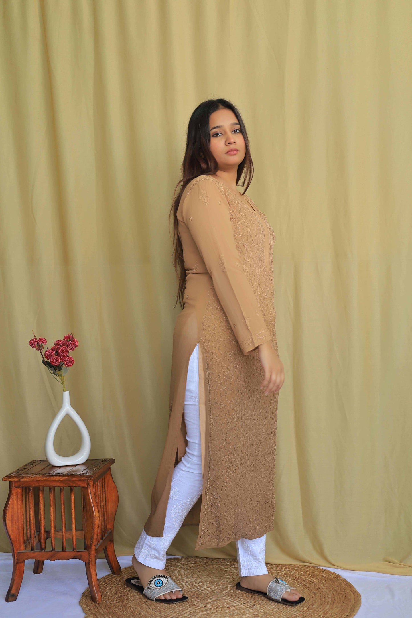 Jaal Georgette Kurtas In Fine Chikankari Work Beige Brown( Dual shade)