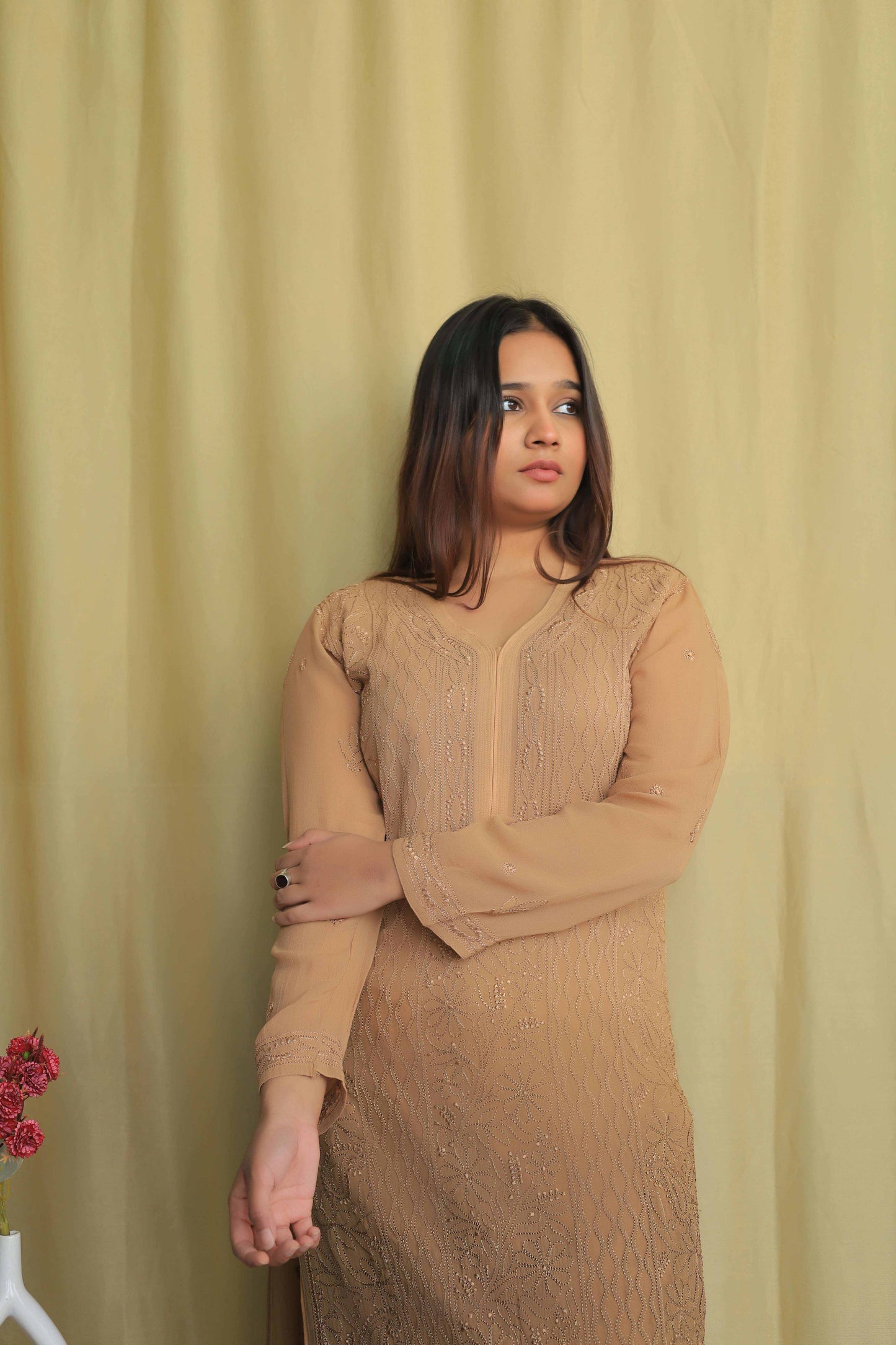 Jaal Georgette Kurtas In Fine Chikankari Work Beige Brown( Dual shade)