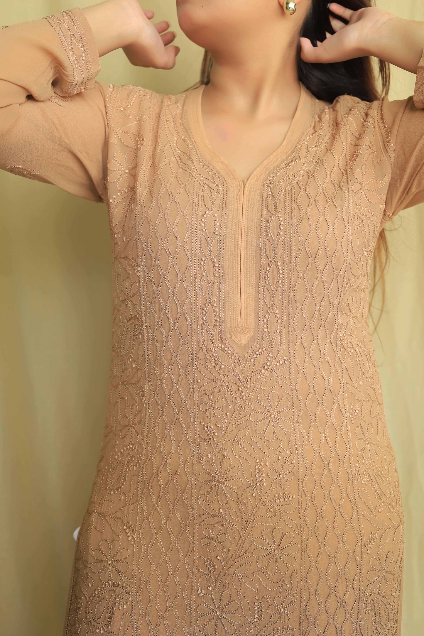 Jaal Georgette Kurtas In Fine Chikankari Work Beige Brown( Dual shade)