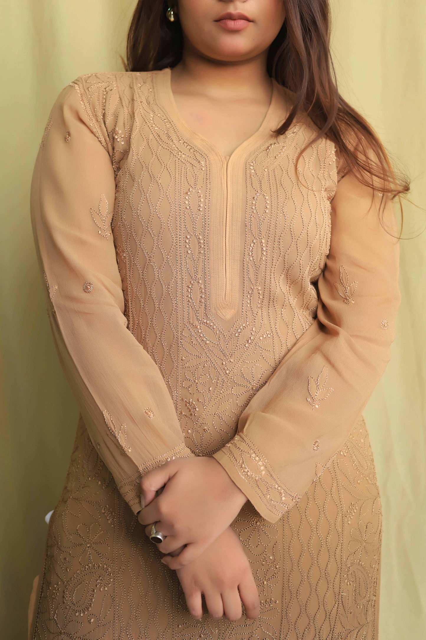 Jaal Georgette Kurtas In Fine Chikankari Work Beige Brown( Dual shade)