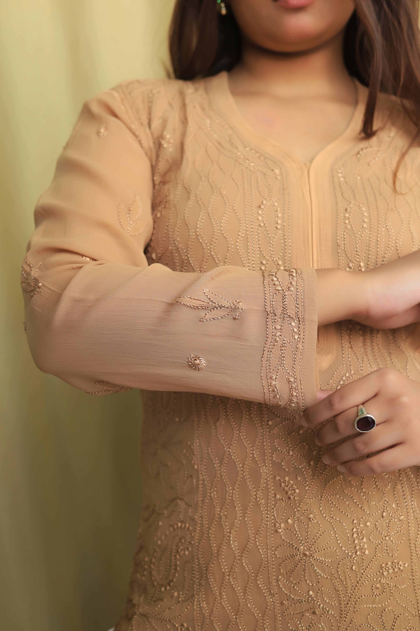 Jaal Georgette Kurtas In Fine Chikankari Work Beige Brown( Dual shade)