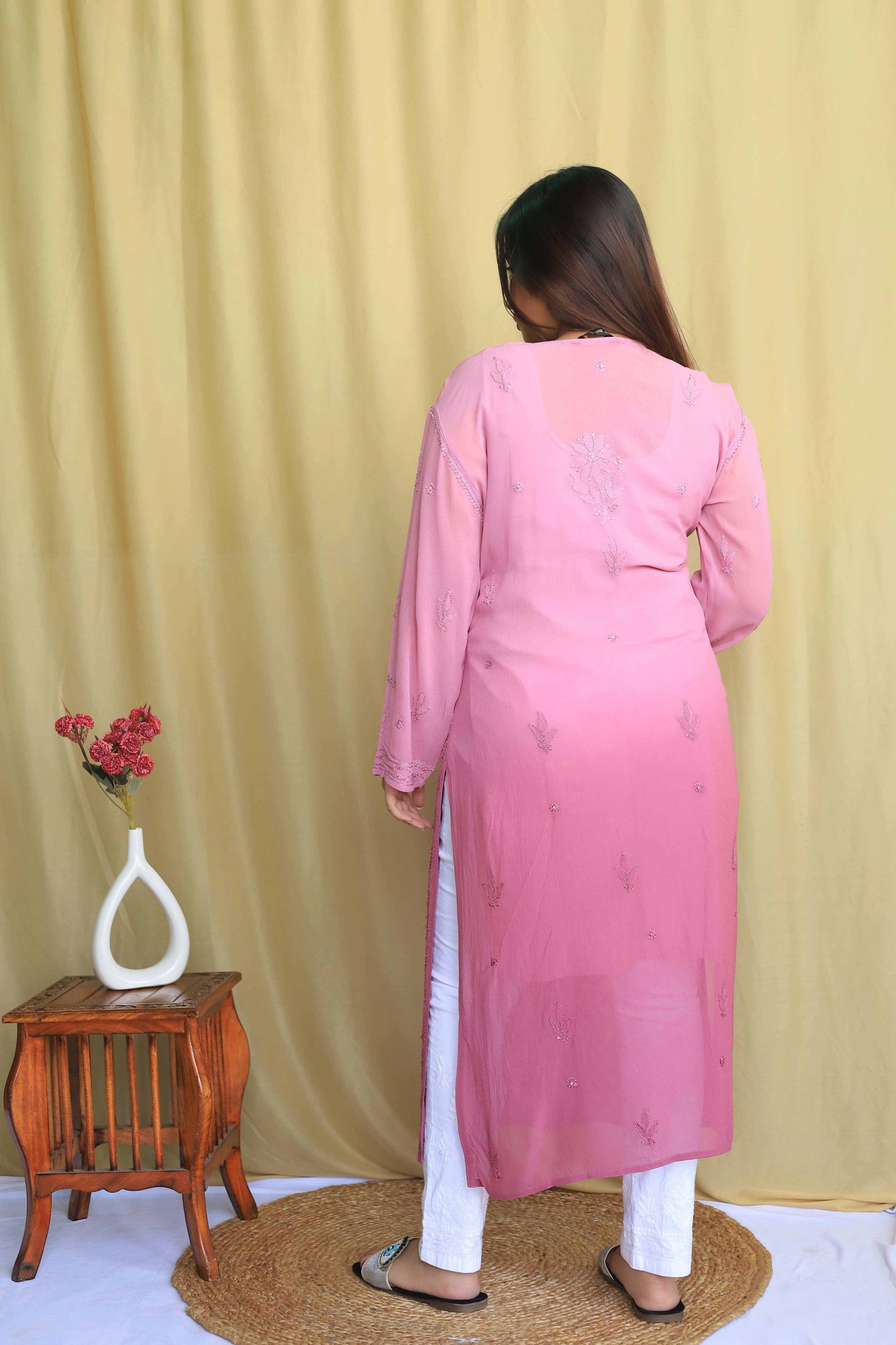 Jaal Georgette Kurta In Fine Chikankari Work Mauve(Dual shade)