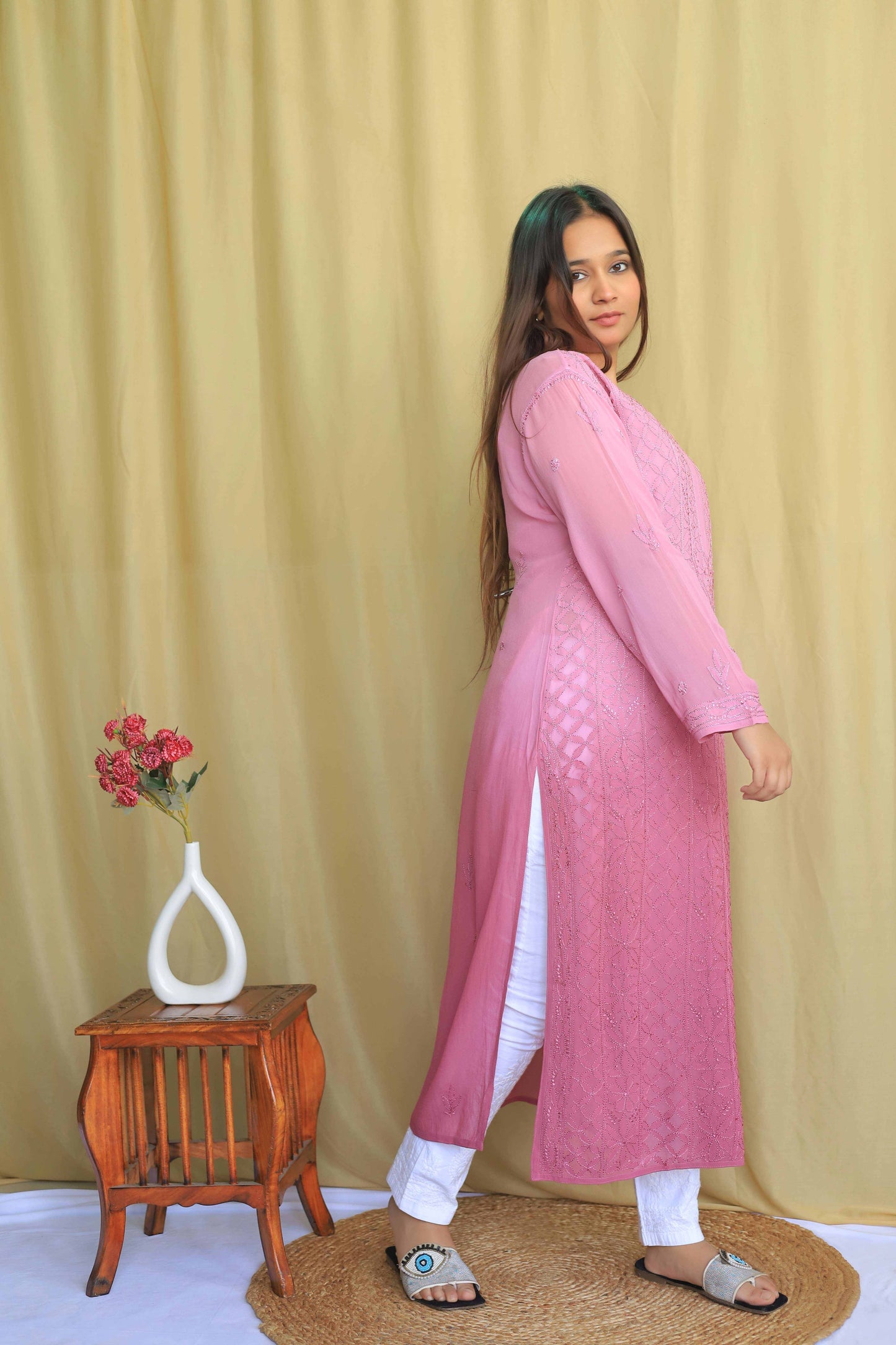Jaal Georgette Kurta In Fine Chikankari Work Mauve(Dual shade)