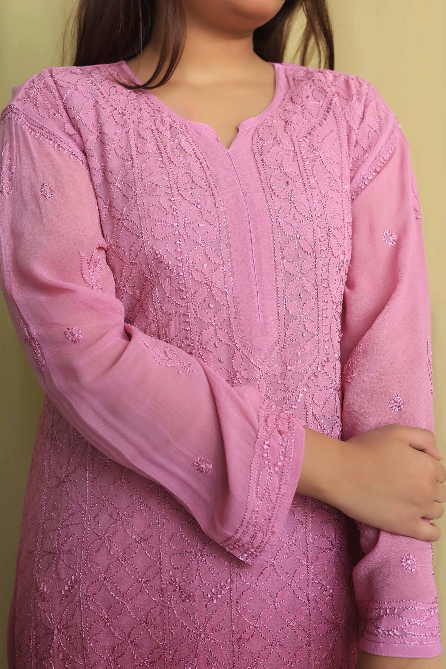 Jaal Georgette Kurta In Fine Chikankari Work Mauve(Dual shade)