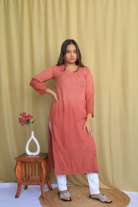 Aabdaar Rayon Chikankari Kurta - Coral (Dual tone)