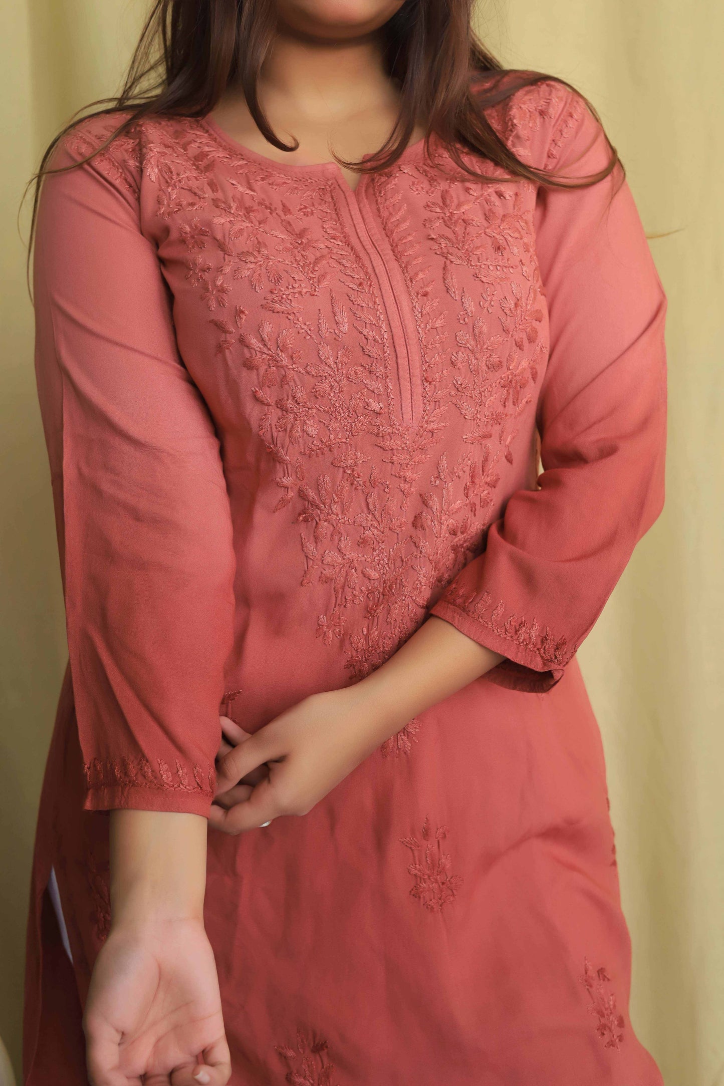 Aabdaar Rayon Chikankari Kurta - Coral (Dual tone)