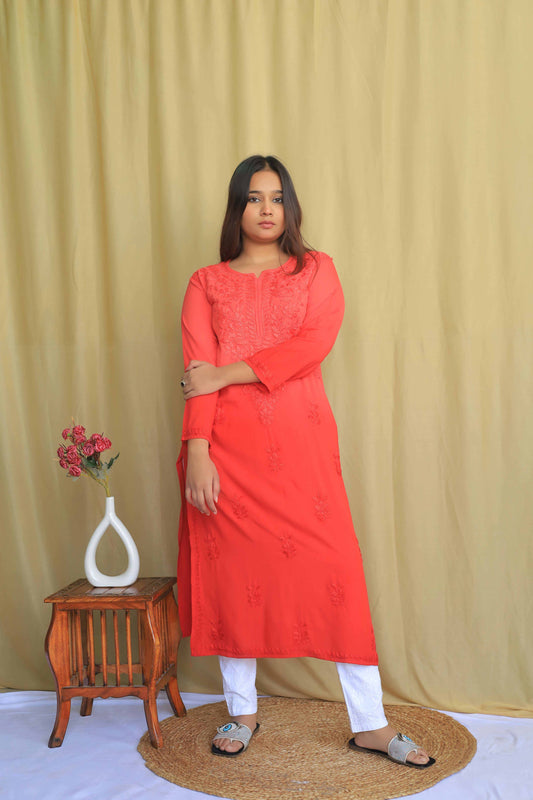 Aabdaar Rayon Chikankari Kurta - Carrot Red (Dual tone)