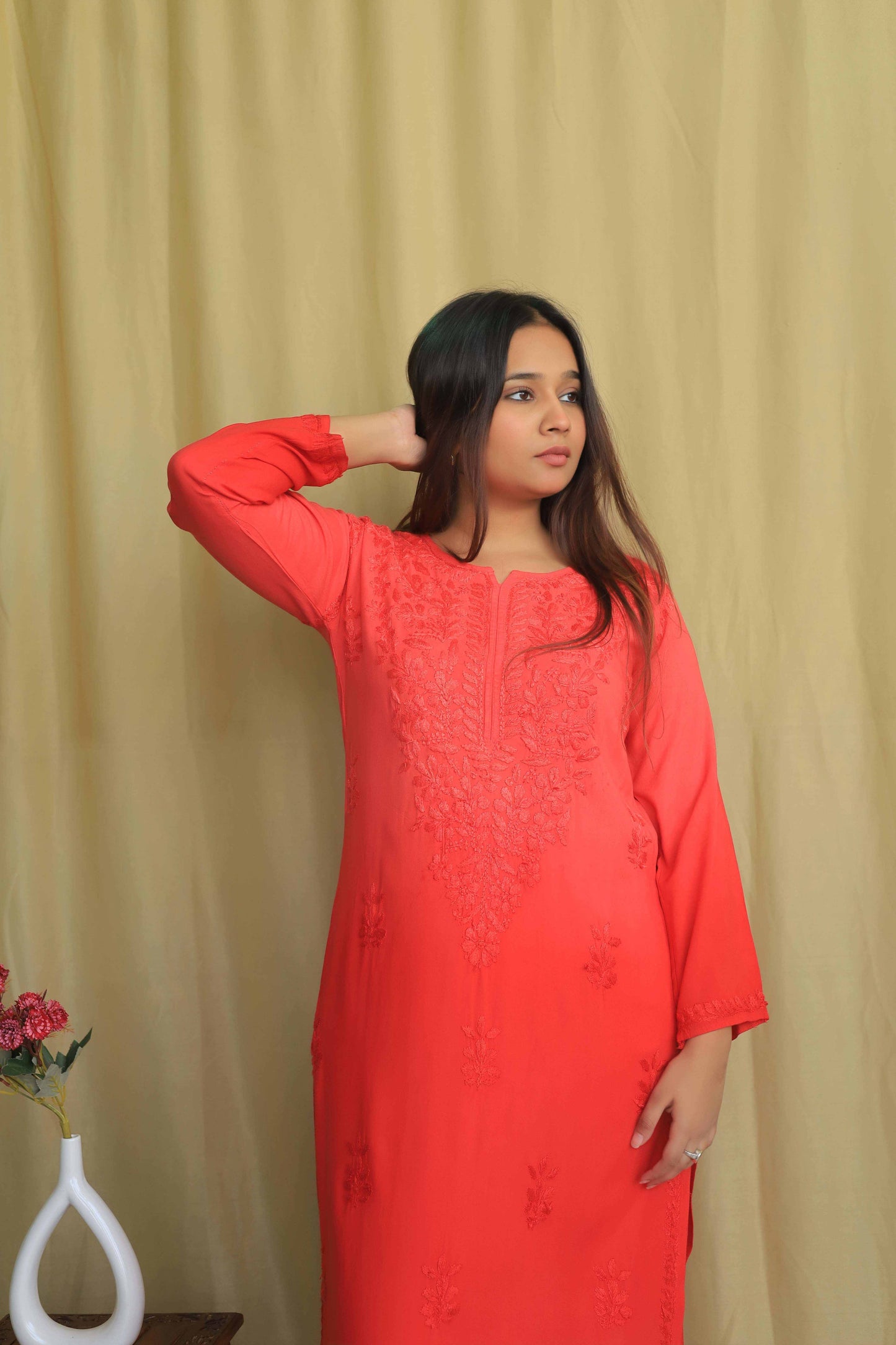 Aabdaar Rayon Chikankari Kurta - Carrot Red (Dual tone)