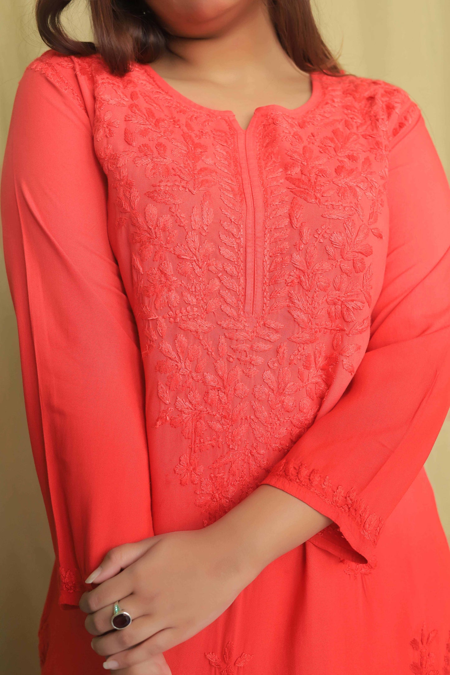 Aabdaar Rayon Chikankari Kurta - Carrot Red (Dual tone)