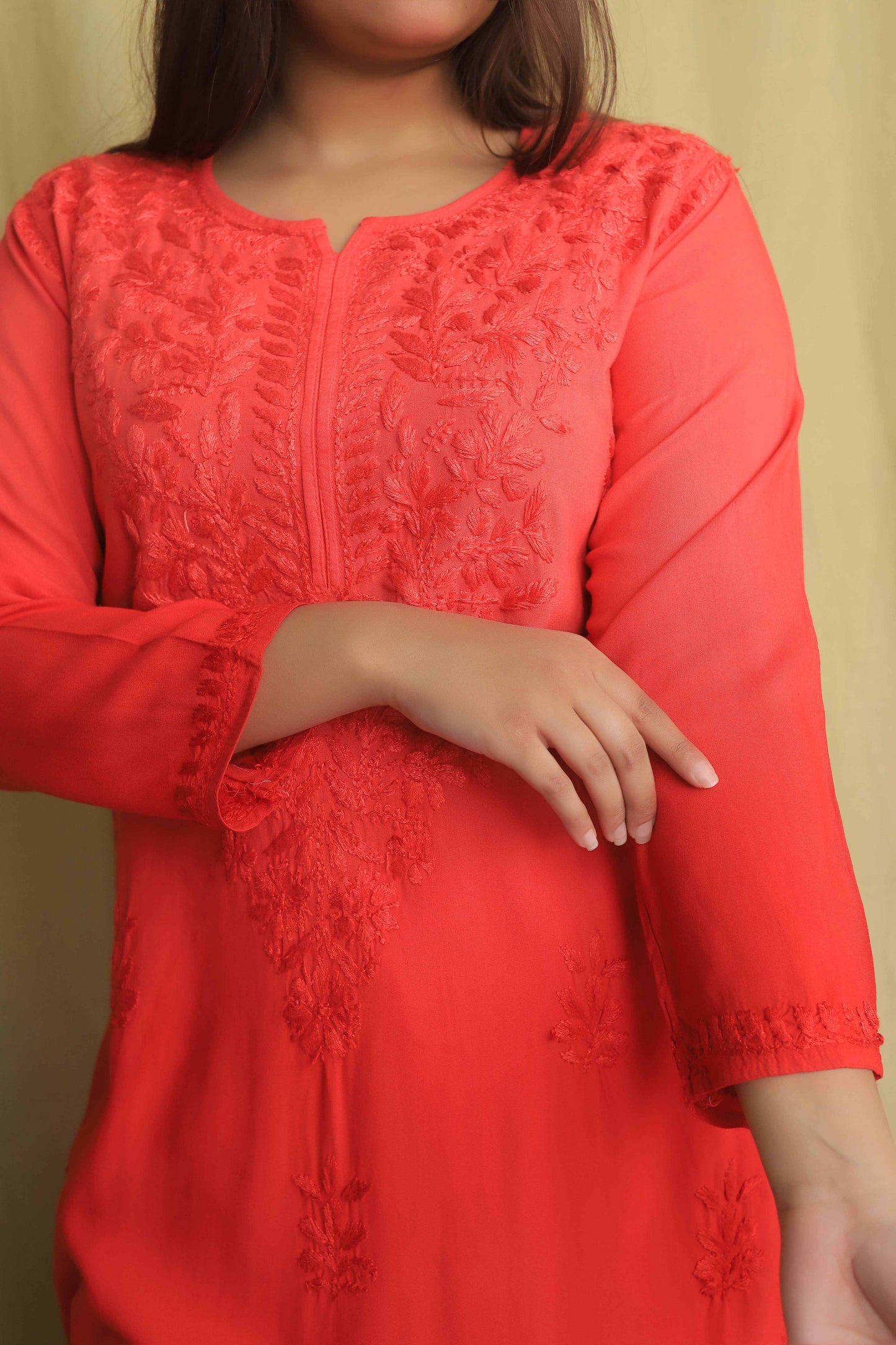 Aabdaar Rayon Chikankari Kurta - Carrot Red (Dual tone)