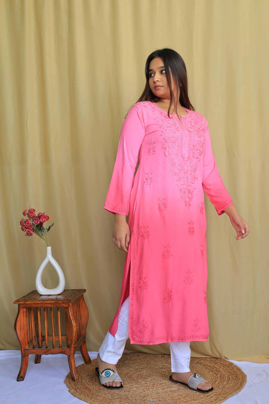 Aabdaar Rayon Chikankari Kurta - Hot Pink (Dual tone)