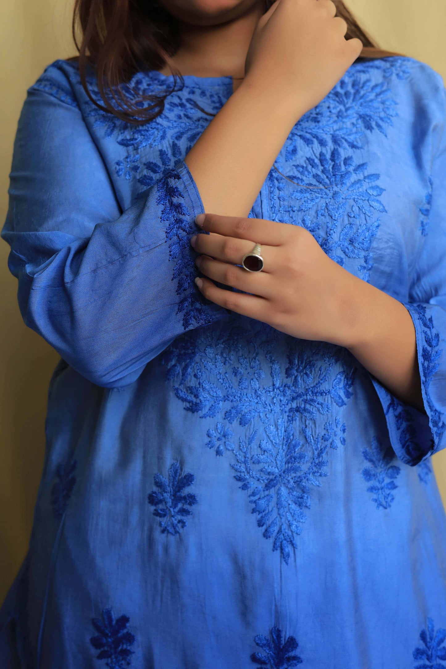 Premium Chanderi Chikankari kurta - Blue