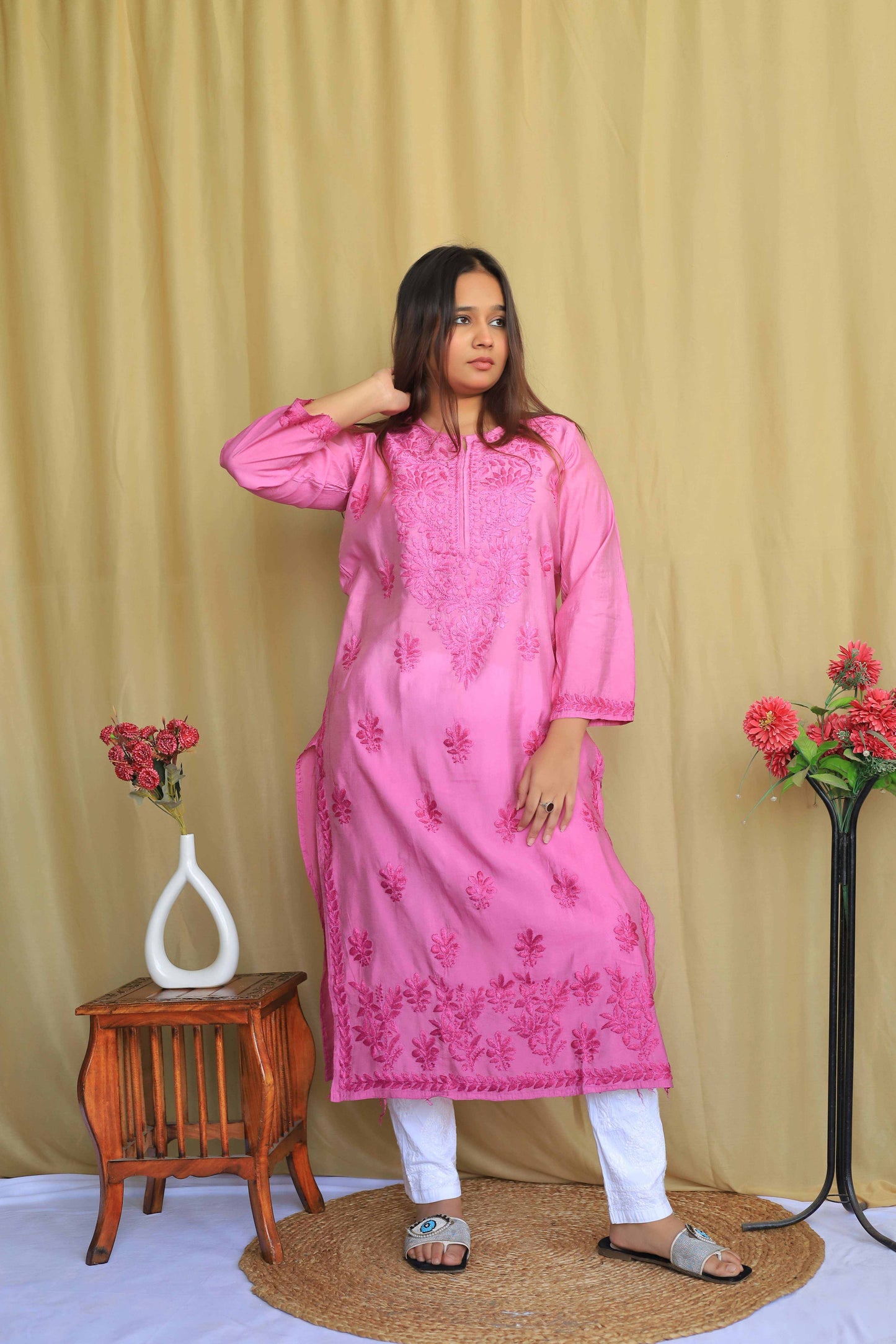 Premium Chanderi Chikankari Kurta - Pink